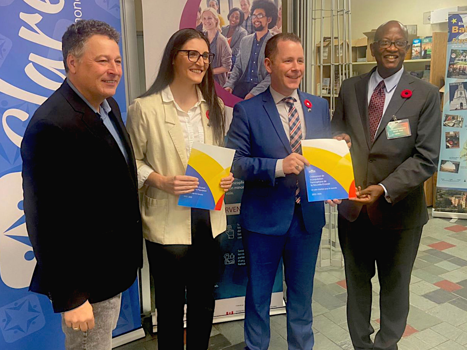 Left to right: President of la Fédération acadienne de la Nouvelle-Écosse Kenneth Deveau, the Honourable Jill Balser, the Honourable Colton LeBlanc and Manager of the Immigration francophone de la Nouvelle-Écosse program Emmanuel Nahimana