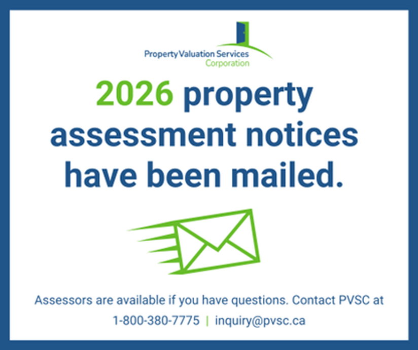 A picture with the text "2026 property assessment notices have been mailed."